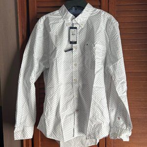 Tommy Hilfiger White With Blue Dots Long-Sleeve Button Down Shirt LARGE *NWT*